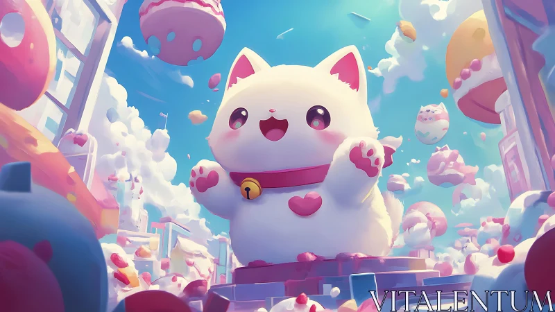 Maneki-Neko Lucky Cat 3D Render in Ethereal Cloud Cityscape.