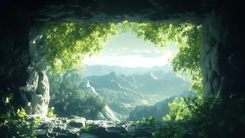 Rocky cave opening framing distant mountain valley landscape.