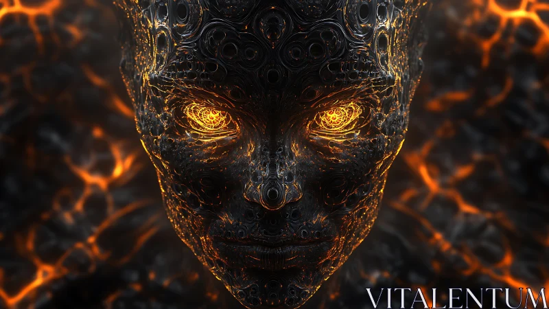 Molten cybernetic face glows with swirling golden ember eyes