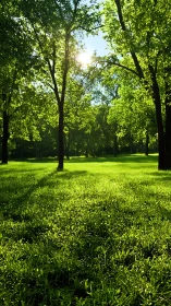 Backlit deciduous park trees cast elongated shadows at sunset