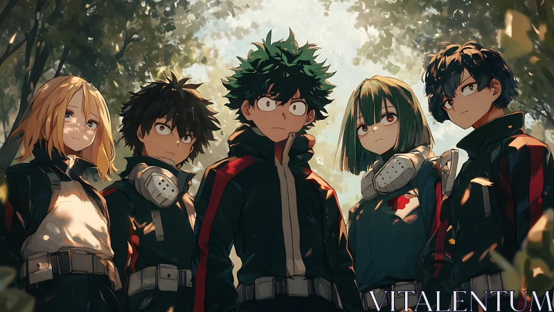 Five anime students stand outdoors in detailed hero suits