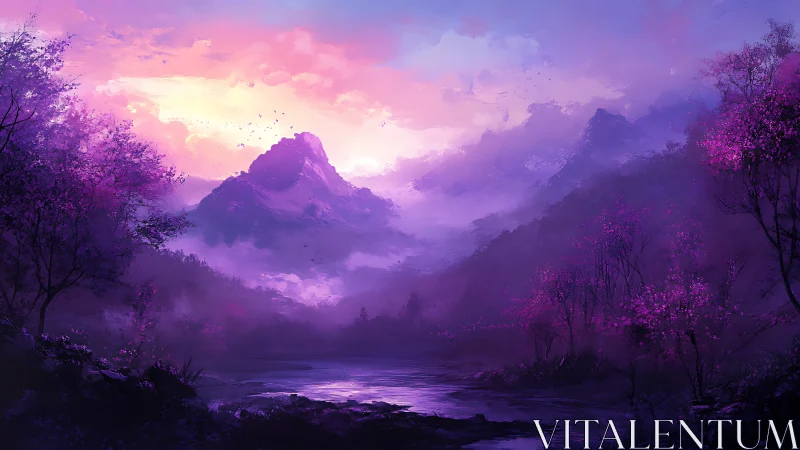 Digital landscape depicts purple valley with distant mountains