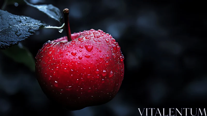 Close-up of red apple with water droplets on branch.
