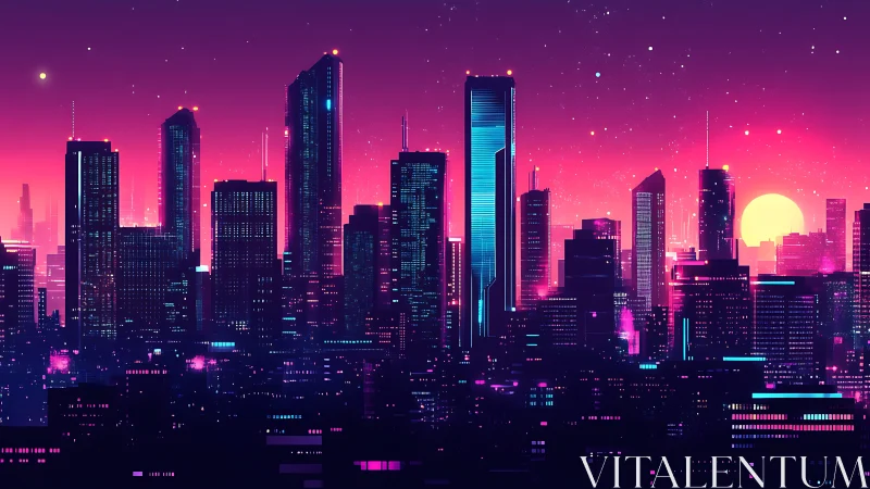 Neon city skyline glowing softly under a dreamy sunset.
