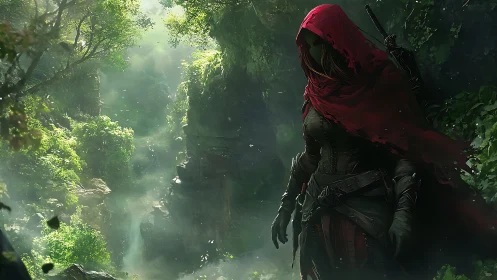 Cloaked rogue in volumetric forest light with high-detail fabric simulation