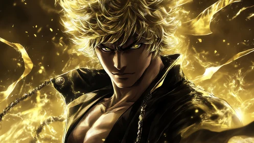 Golden-haired anime warrior emerges amid blazing energy storm