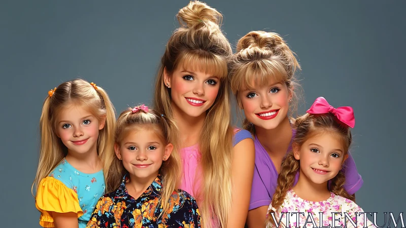 Studio portrait of five smiling girls, styled pastel dresses