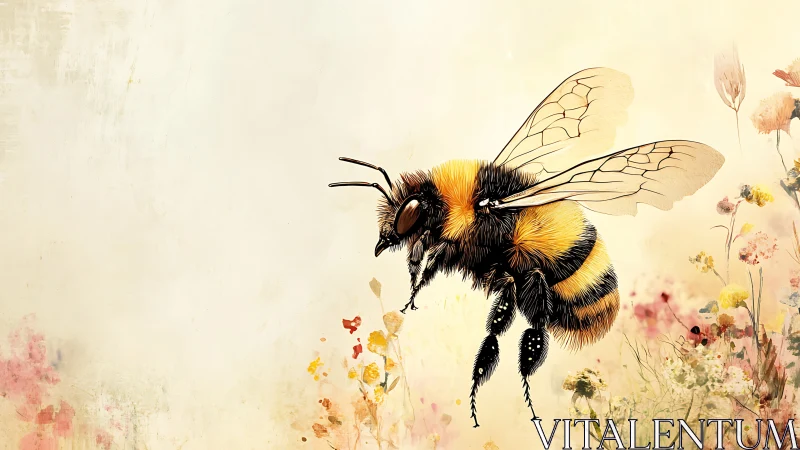 Gentle bumblebee drifting above a watercolor meadow.