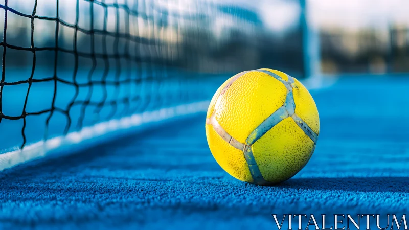 Bright yellow court ball resting by a calm blue net.