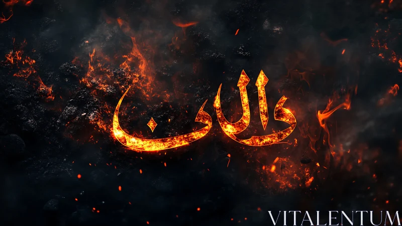 Arabic calligraphy rendered in molten fire texture on dark field.
