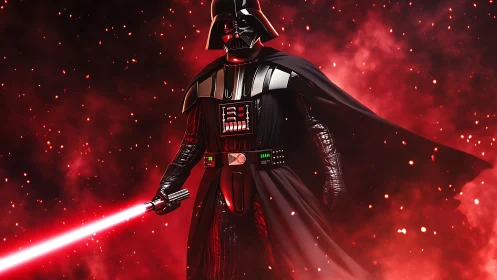 Dark armored warrior wields red energy blade in smoke