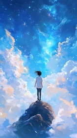 Solitary figure observing expansive starry sky from peak.