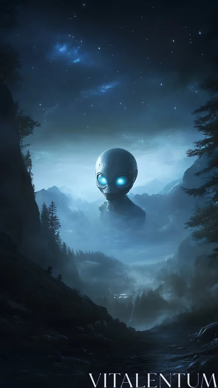 Gentle alien watcher glows softly above a misty night valley