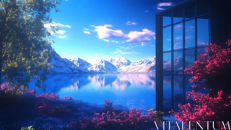 Digital painting of neon alpine lake with glass façade framing.
