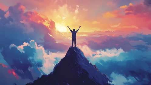 Silhouette on summit against radiant sunset sky palette.