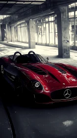 Red Mercedes roadster in dim industrial parking space.