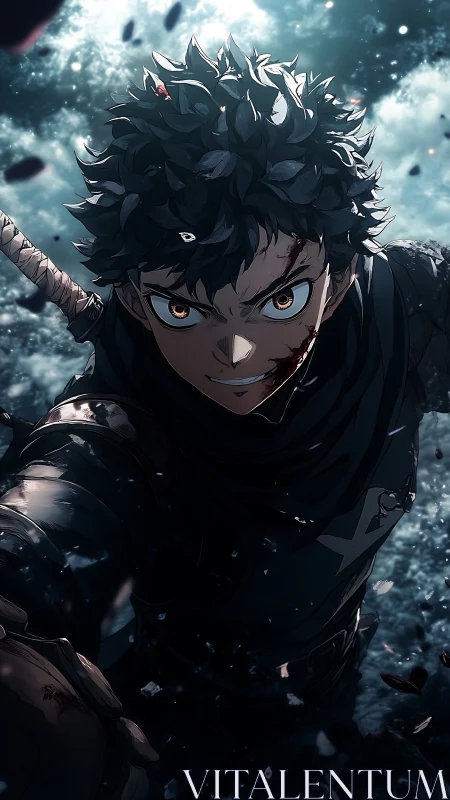 Storm-eyed rogue surges through shattered moonlit battle.