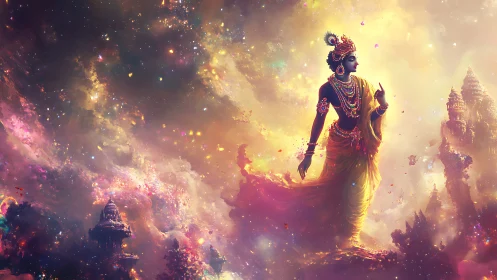 Celestial goddess walks through radiant cosmic temple light.