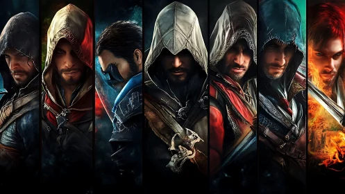 Hooded warriors lineup with blades, layered armor, and firelight