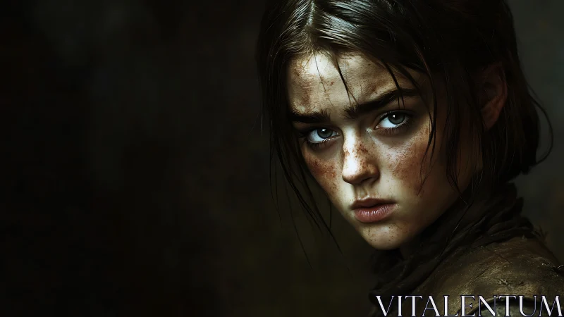 Storm-bright eyes and freckled courage in quiet shadowed light.