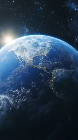 Sunlit Earth over the Americas in detailed space view.