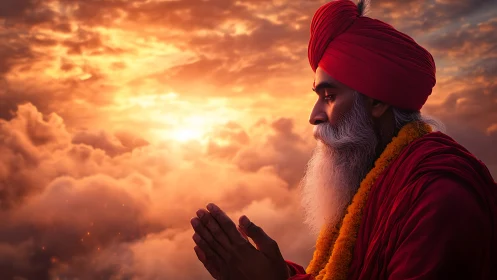 Mystic elder in red robes praying above glowing clouds.