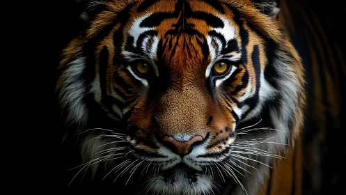 Tiger frontal portrait isolates facial pattern against black