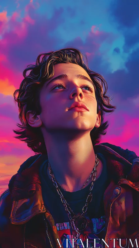 Youthful portrait under saturated neon dusk sky with rim lighting