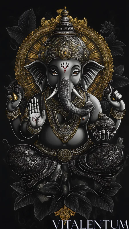 High-contrast digital Ganesha icon with intricate metallic embossing