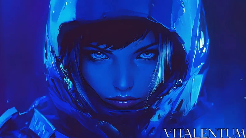 Cyberpunk pilot portrait in electric blue chromatic armor.