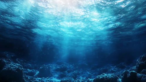 Sunlit ocean surface illuminates textured abyssal seafloor