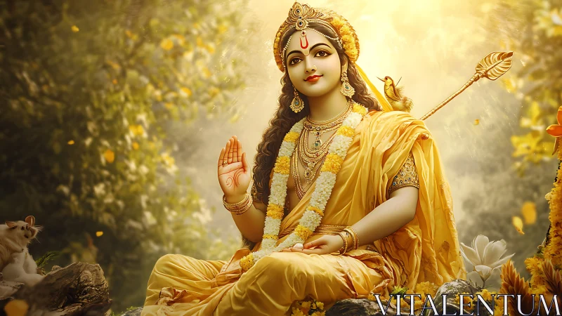 Serene golden goddess in forest glow with divine ornaments.