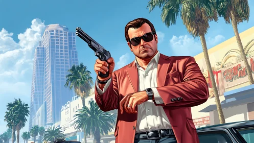 Gun-wielding suited man dominates sunny palm-lined city street