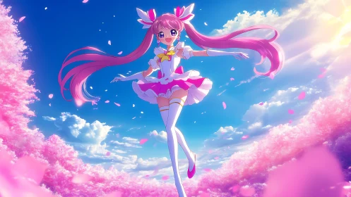 Sky-dancing magical girl among swirling cherry blossom clouds.