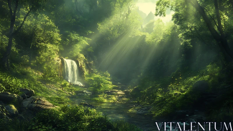 Forest Stream with Waterfall and Misty Sunlight