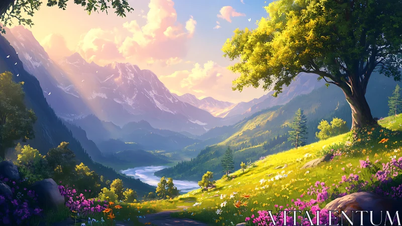 Sunlit mountain valley with river, trees, and wildflowers