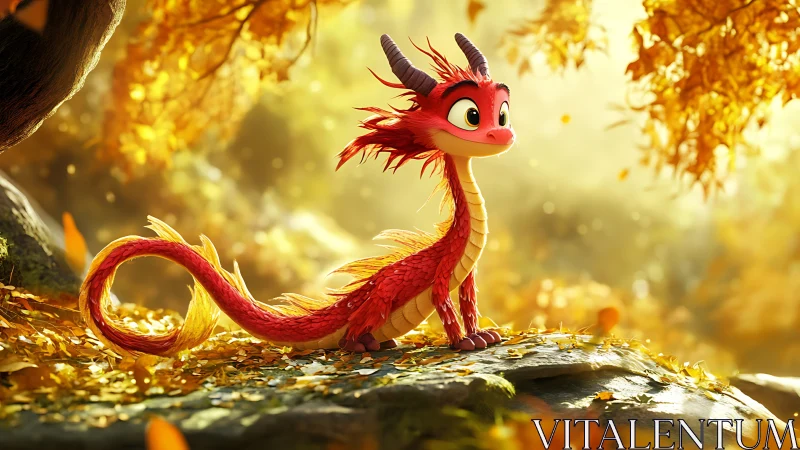 Playful red baby dragon standing on sunlit forest rock.