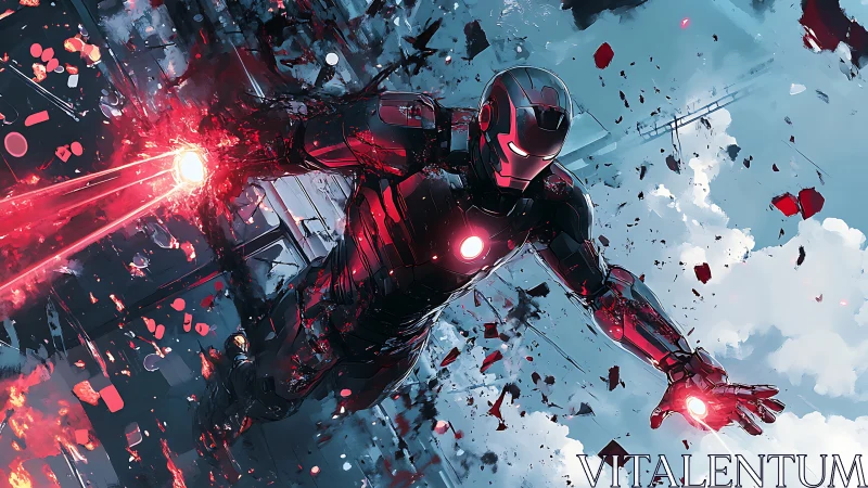 Armored humanoid figure emitting red energy in flight.