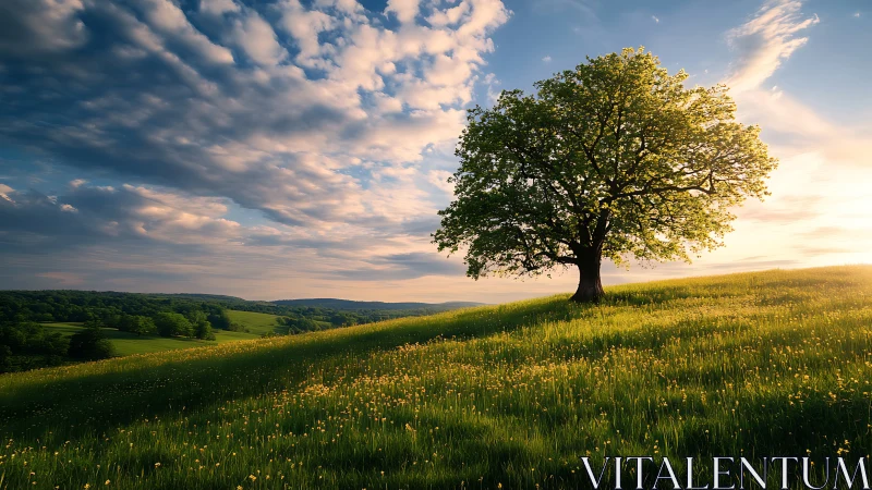 Lone oak tree glows in golden sunset over rolling meadow