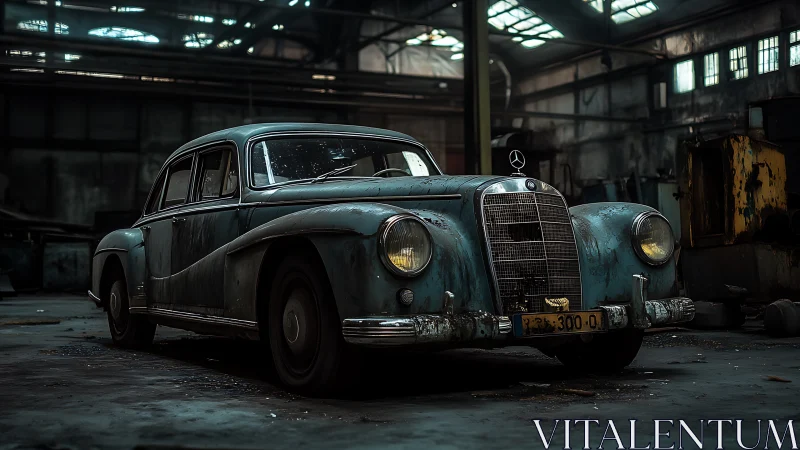 Weathered classic Mercedes sedan rests in an abandoned warehouse.
