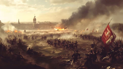 Epic historical battlefield scene with burning fortified city.