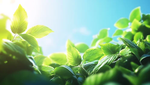 Sunlit green leaves glow against clear morning sky