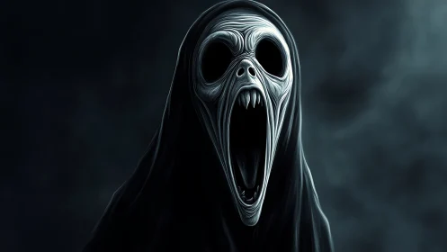 Hooded skeletal wraith screams into dark misty void