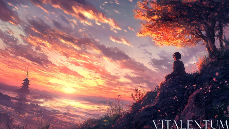 Solitary figure on cliff observing structured sunset horizon.