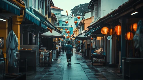 Man walking through narrow lantern-lit street at dusk.
