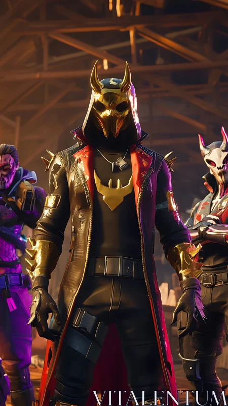 Armored horned warrior in gold-trimmed coat under warm rim lighting