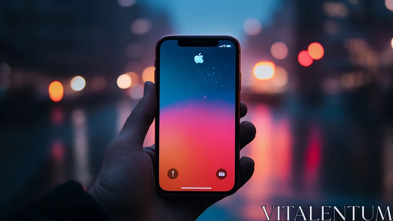 iPhone held in hand with gradient sunset lock screen display.