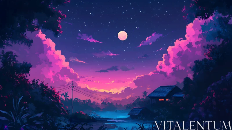 Lunar-lit tropical river village under magenta twilight clouds