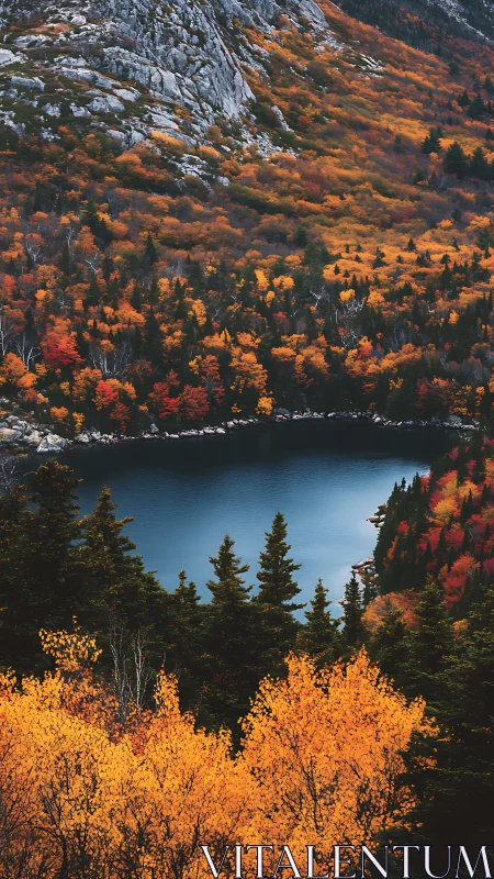 Mountain lake bordered by dense autumn forest and granite slopes.
