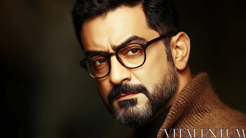 Intense bearded man in glasses gazes with quiet resolve.